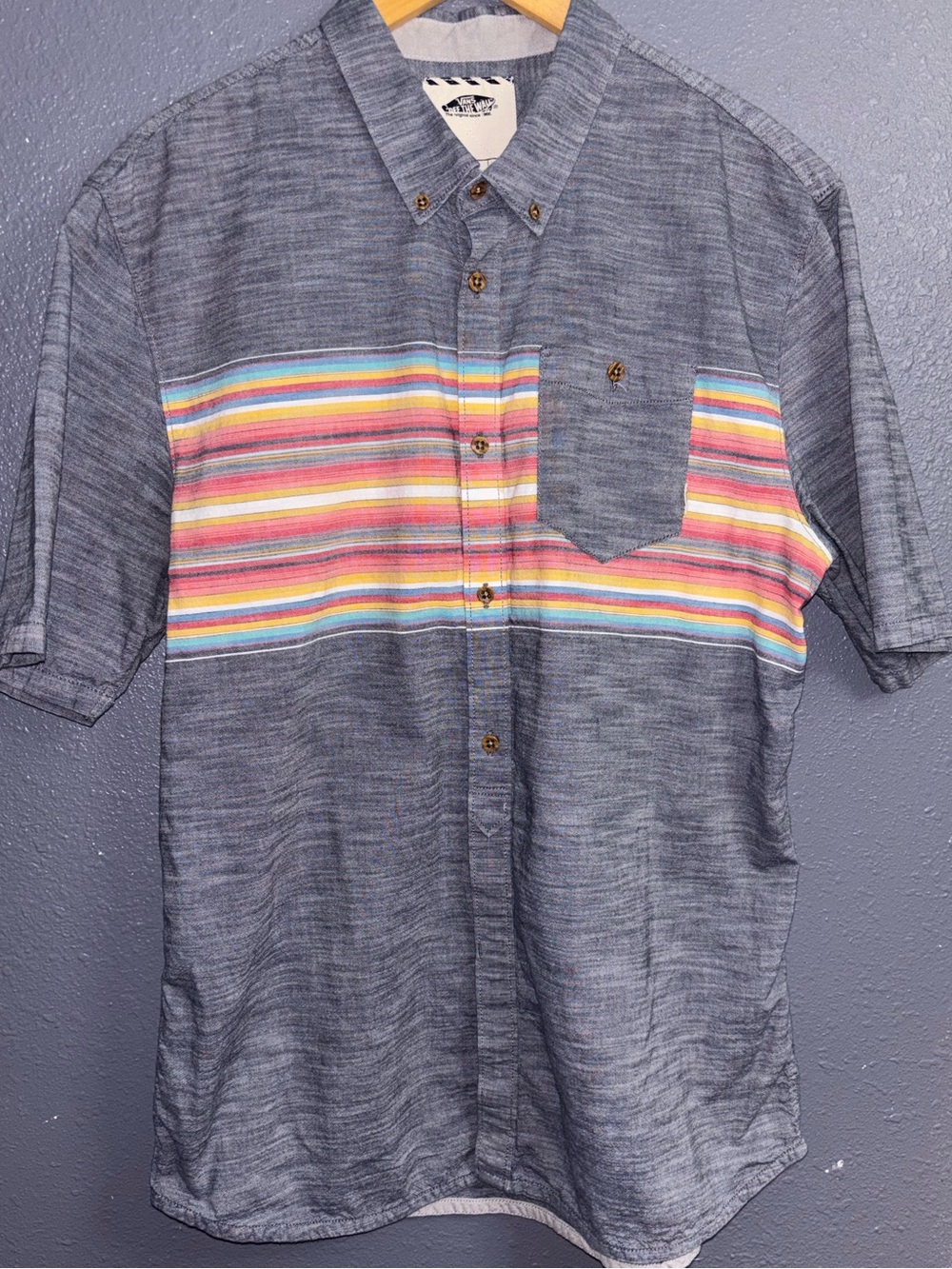 Vans Grey Short-Sleeve Button-Up Shirt with Multicolor Stripe